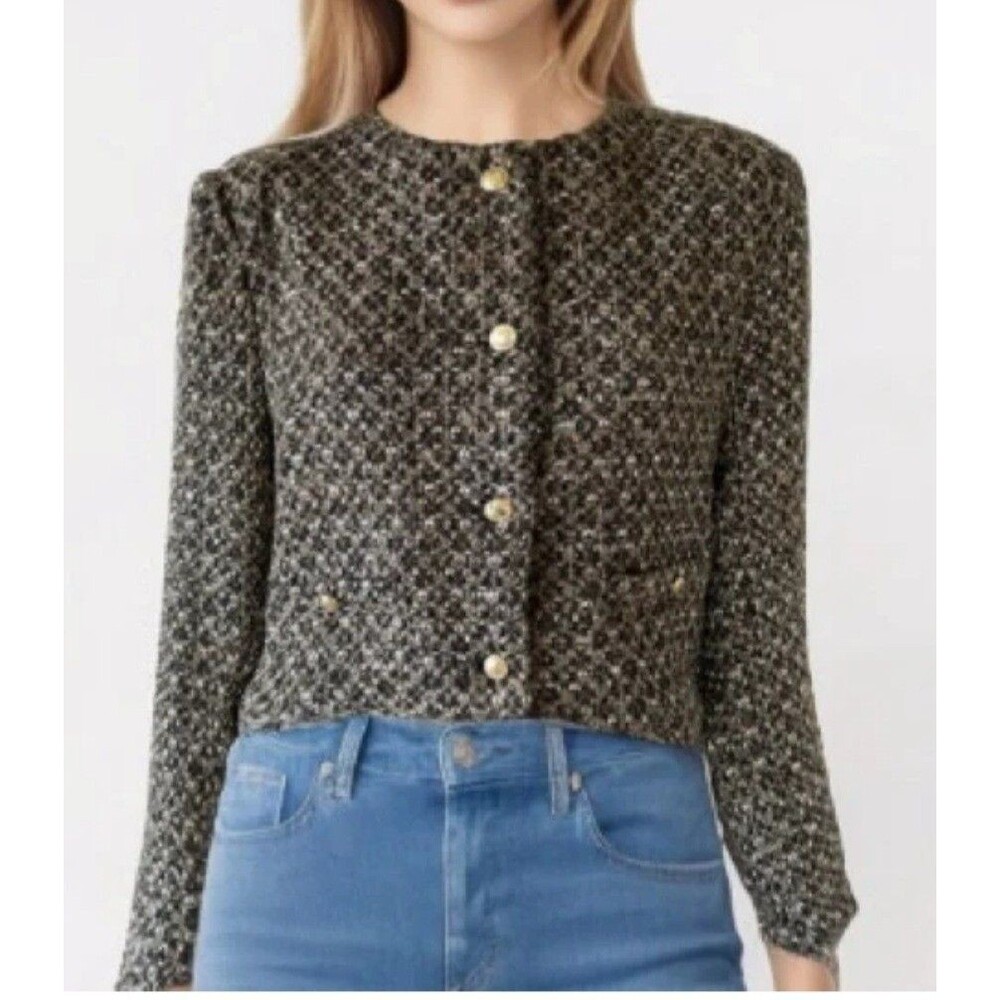 Marled Tweed Sequenced Short Waist Boxy Jacket Cropped Sz L NWT Gold Blk Shacket